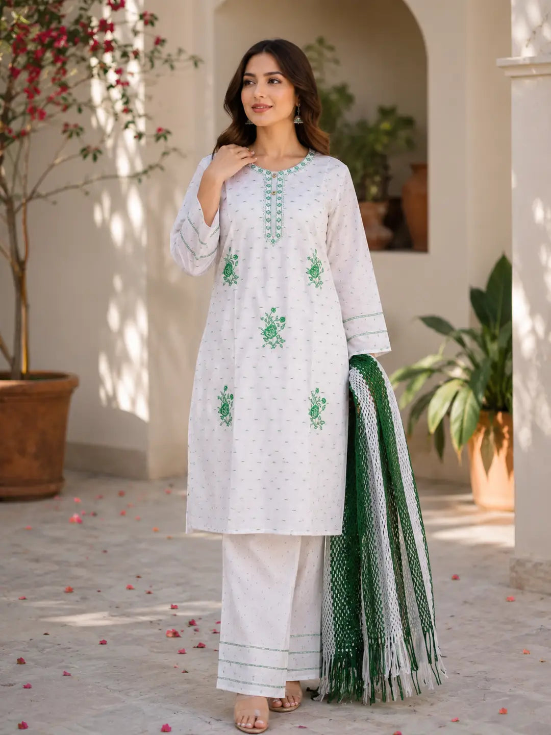14 August 3 Pcs Women's Stitched Fancy Embroidered Suit β Green Cotton Lawn Set
