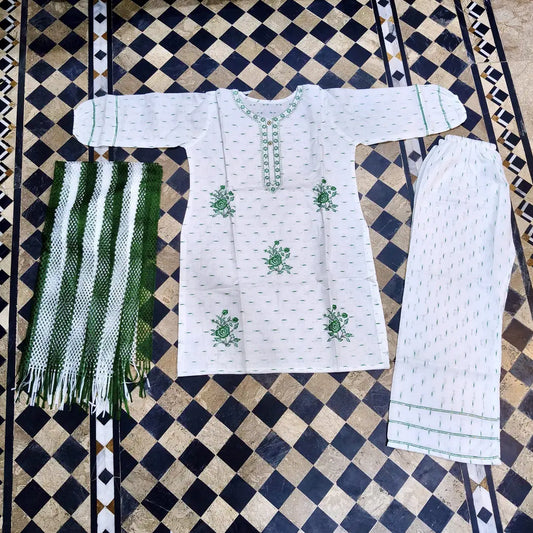 14 August 3 Pcs Women's Stitched Fancy Embroidered Suit – Green Cotton Lawn Set