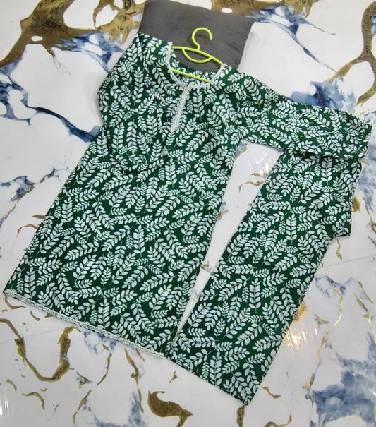 2 Pcs Girls Cotton Printed Shirt & Trouser Suit – Green