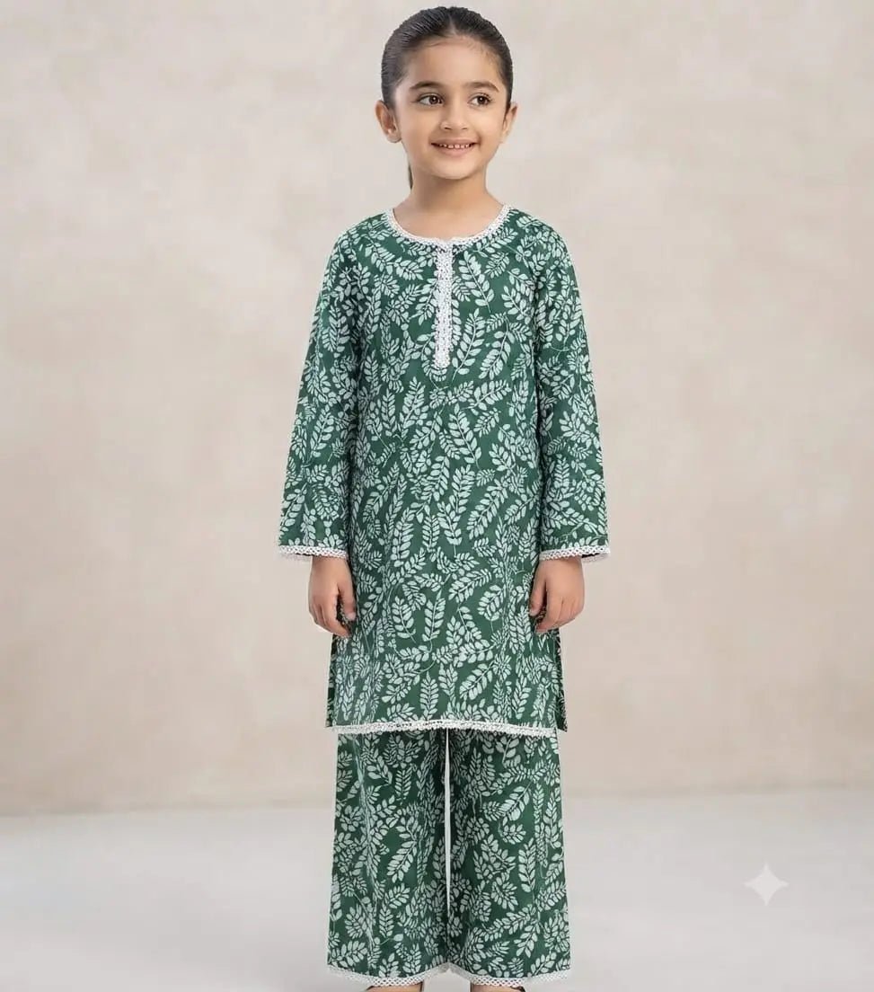 2 Pcs Girls Cotton Printed Shirt & Trouser Suit – Green