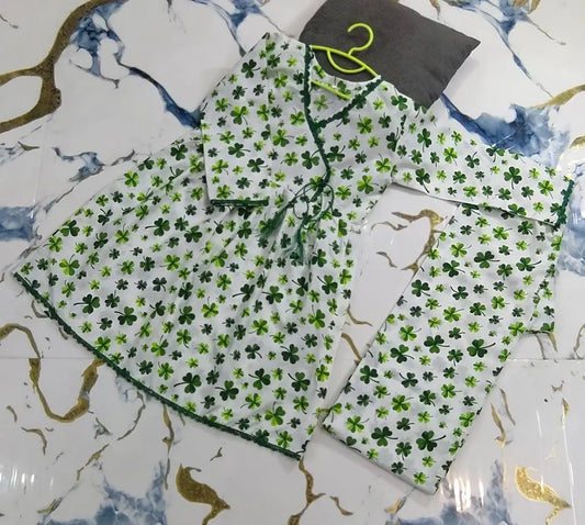2 Pcs Girl's Cotton Printed Shirt And Trouser Suit