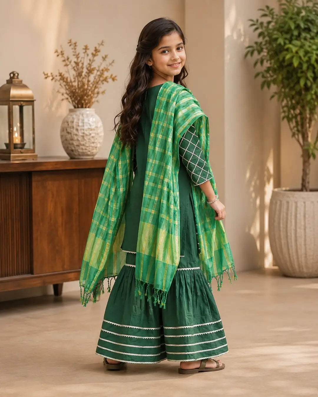 3 Pcs Girl's Lawn Embroidered Frock And Trouser Set