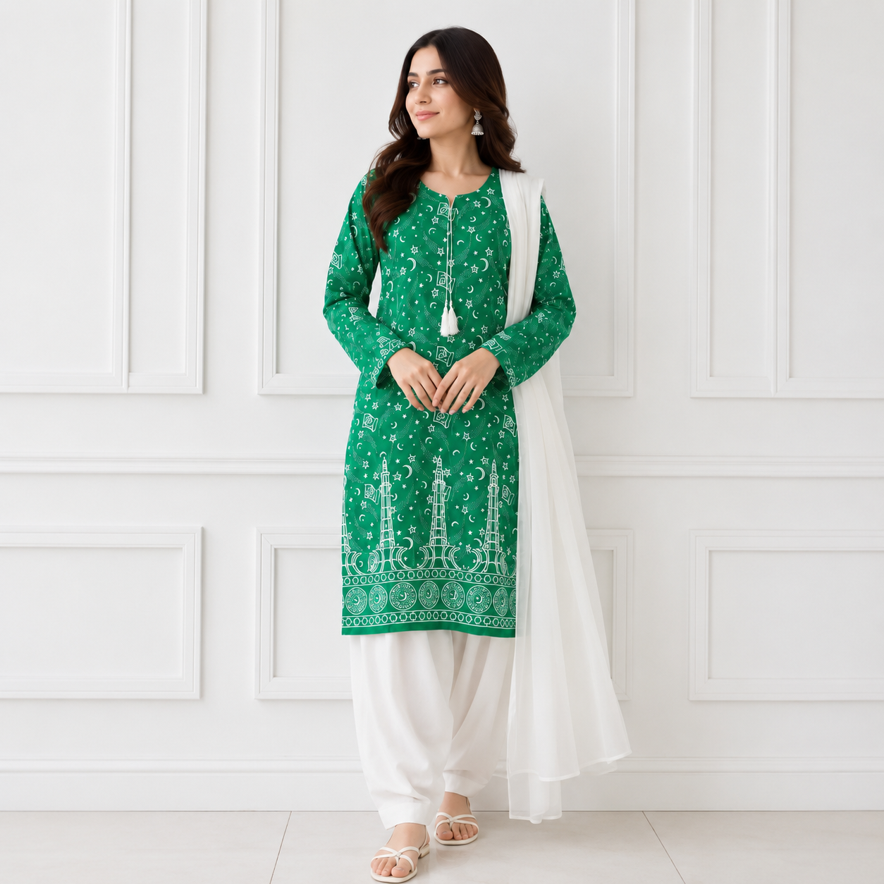 3 Pcs Women's Stitched Arabic Lawn Block Printed Suit with Shalwar