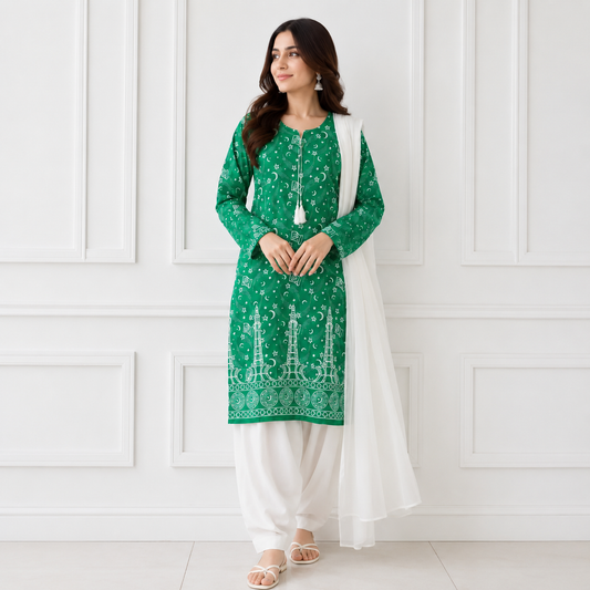 3 Pcs Women's Stitched Arabic Lawn Block Printed Suit with Shalwar
