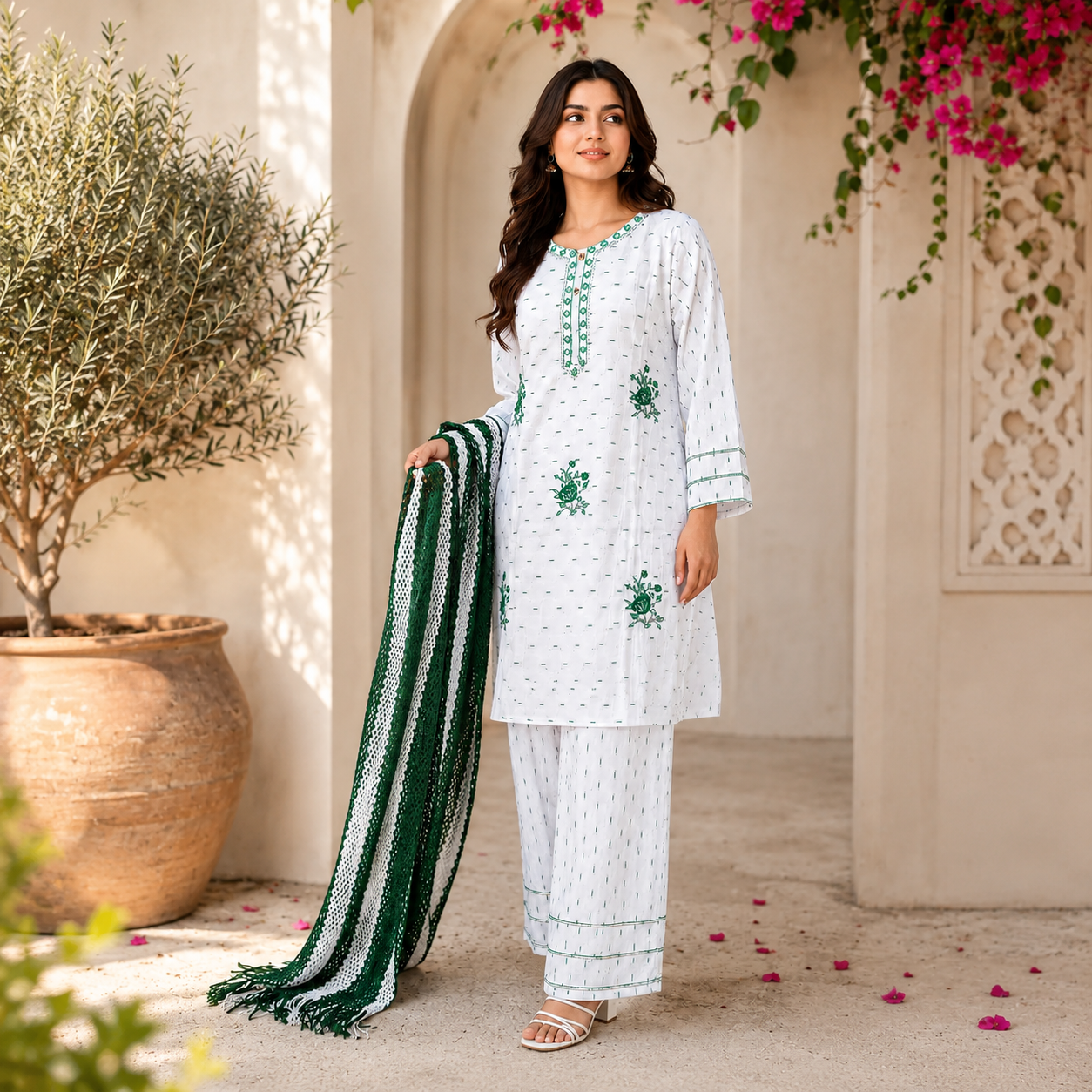 14 August 3 Pcs Women's Stitched Fancy Embroidered Suit – Green Cotton Lawn Set