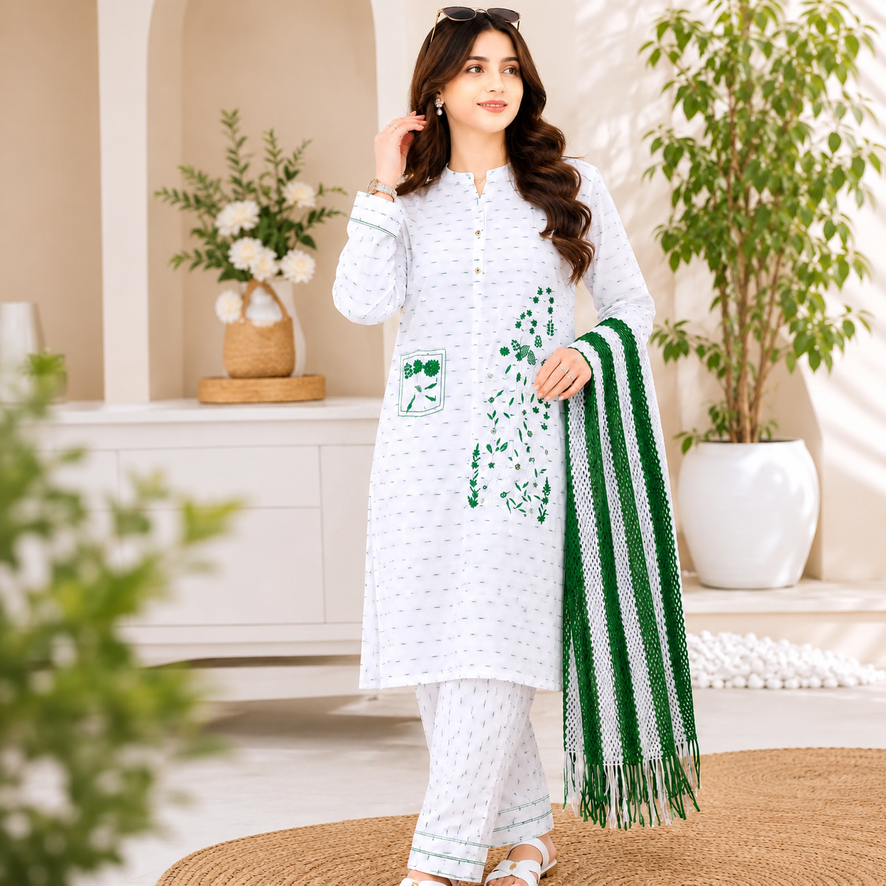 14 August 3 Pcs Women's Stitched Fancy Embroidered Suit – Green Cotton Lawn Dress