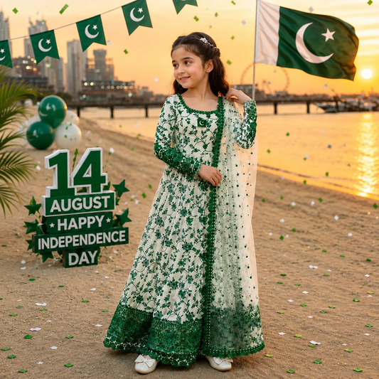 3 Pcs Girl's Arabic Lawn Printed Frock And Trouser Set
