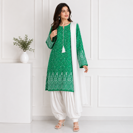 3 Pcs Women's Stitched Arabic Lawn Block Printed Suit with Shalwar