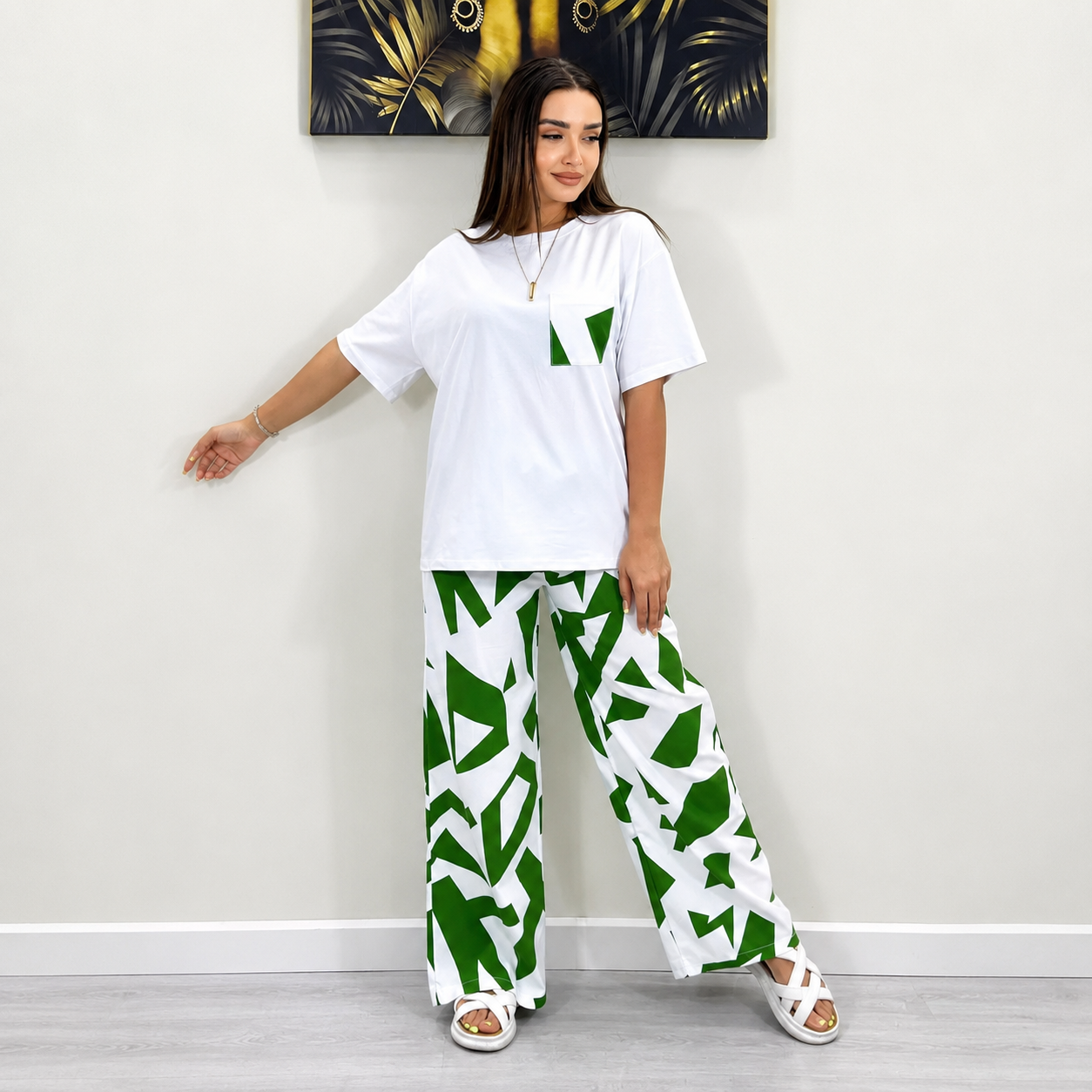 Women’s Green & White Printed Night Suit – Premium Dry Fit Polyester | M–XL