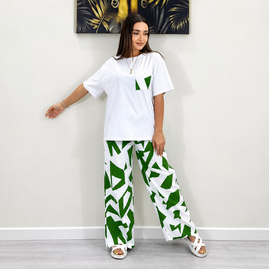 Women’s Green & White Printed Night Suit – Premium Dry Fit Polyester | M–XL