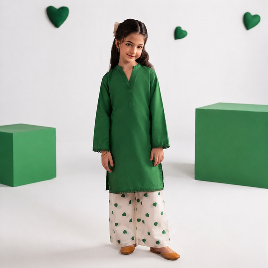 2 Pcs Girl's Cotton Embroidered Kurta And Pajama