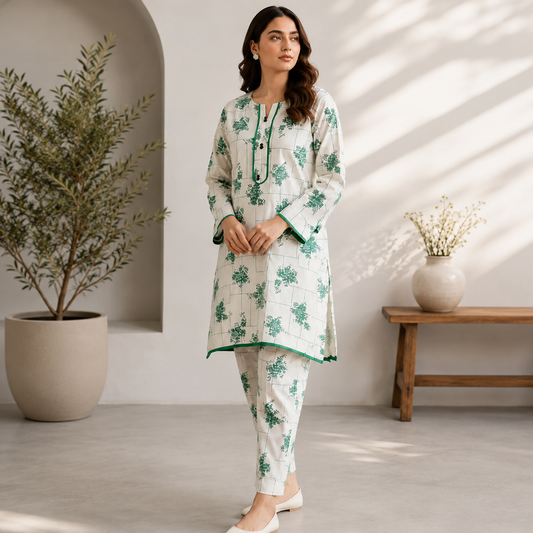 2 Pcs Women's Stitched Cotton Lawn Printed Shirt & Trouser Set Casual Summer Suit