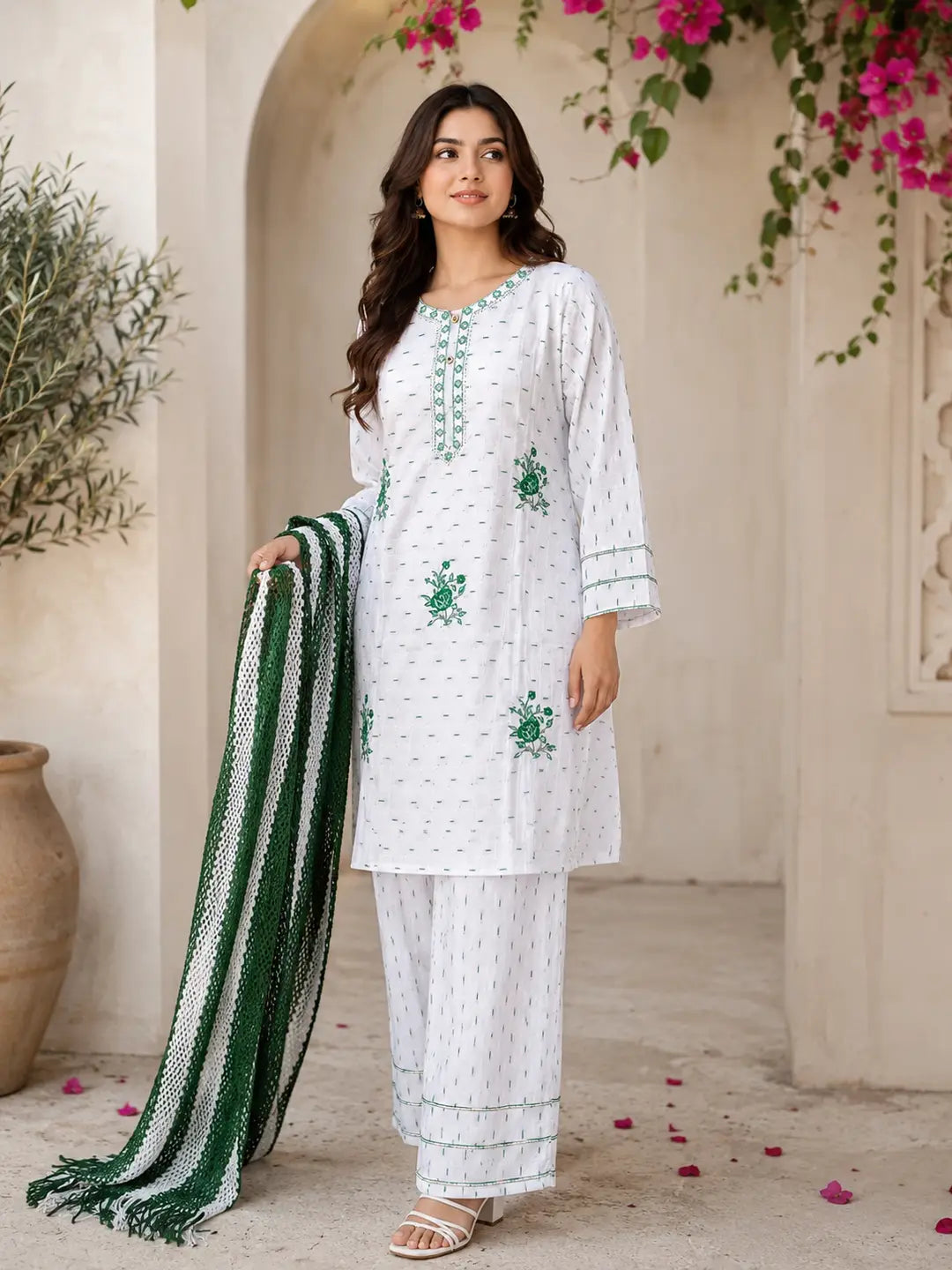 14 August 3 Pcs Women's Stitched Fancy Embroidered Suit – Green Cotton Lawn Set