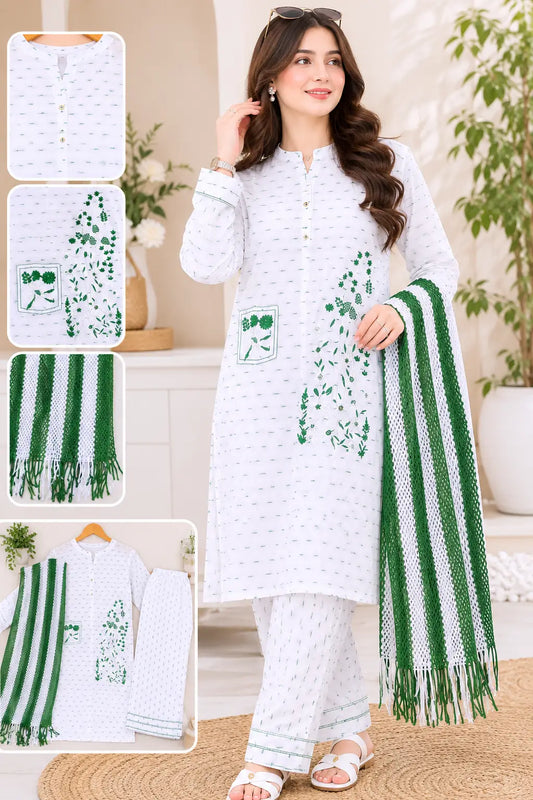 14 August 3 Pcs Women's Stitched Fancy Embroidered Suit – Green Cotton Lawn Dress