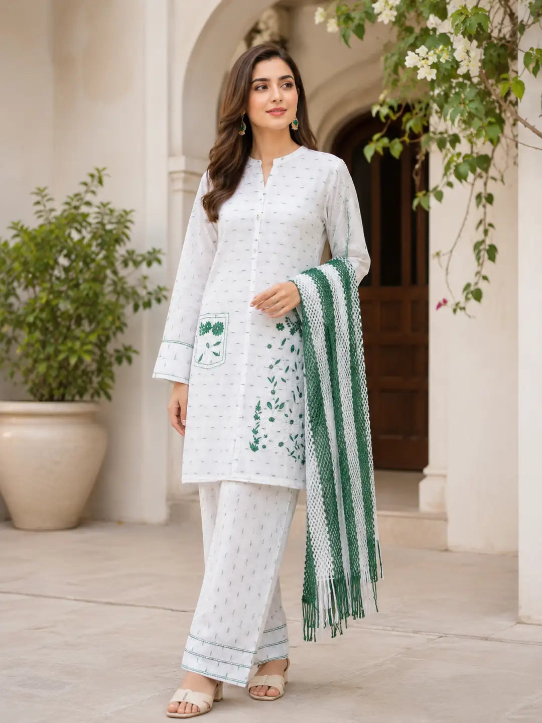 14 August 3 Pcs Women's Stitched Fancy Embroidered Suit – Green Cotton Lawn Dress