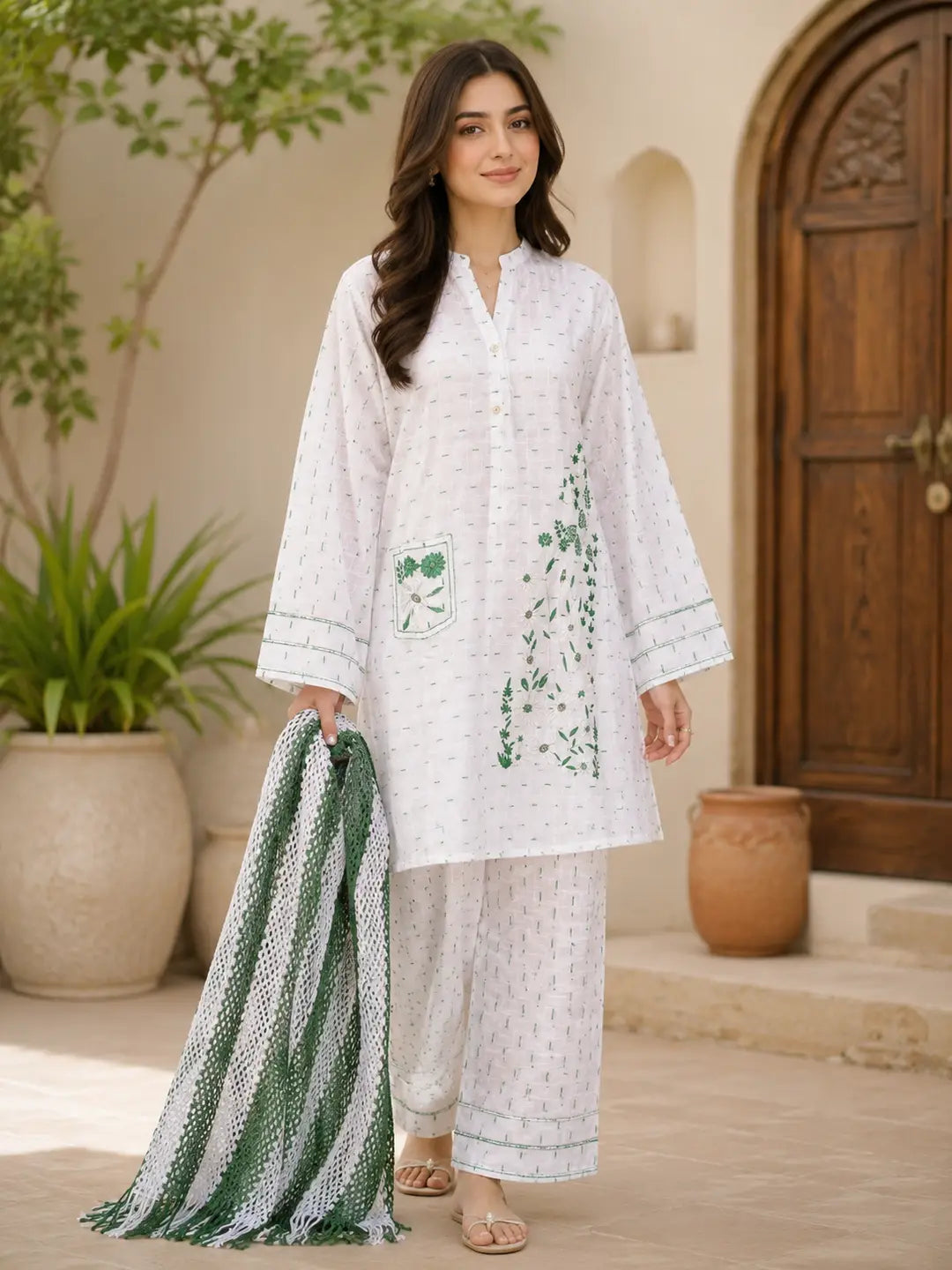 14 August 3 Pcs Women's Stitched Fancy Embroidered Suit – Green Cotton Lawn Dress