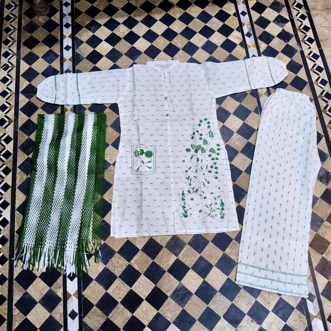 14 August 3 Pcs Women's Stitched Fancy Embroidered Suit – Green Cotton Lawn Dress