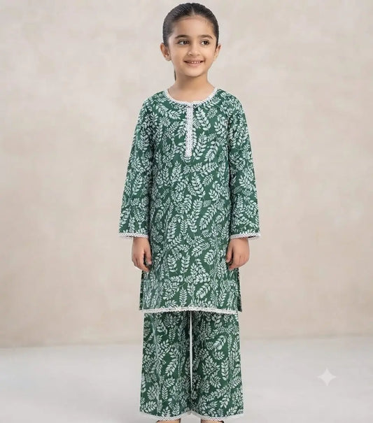 2 Pcs Girls Cotton Printed Shirt & Trouser Suit – Green