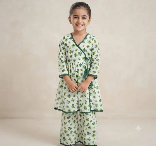 2 Pcs Girl's Cotton Printed Shirt And Trouser Suit