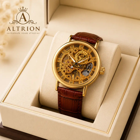 Luxury Gold Skeleton Dial Men's Watch with Brown Leather Strap – Stylish Analog Wrist Watch