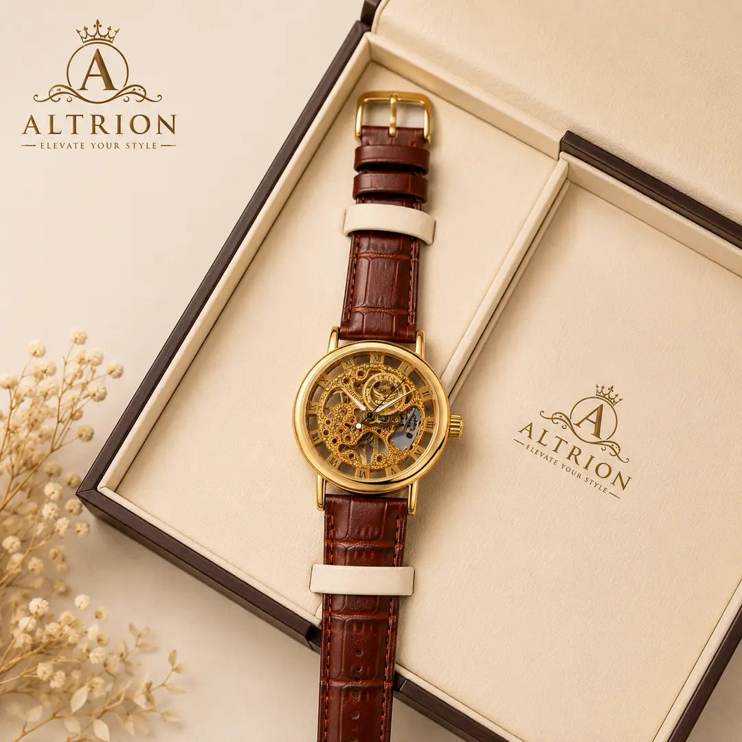 Luxury Gold Skeleton Dial Men's Watch with Brown Leather Strap – Stylish Analog Wrist Watch