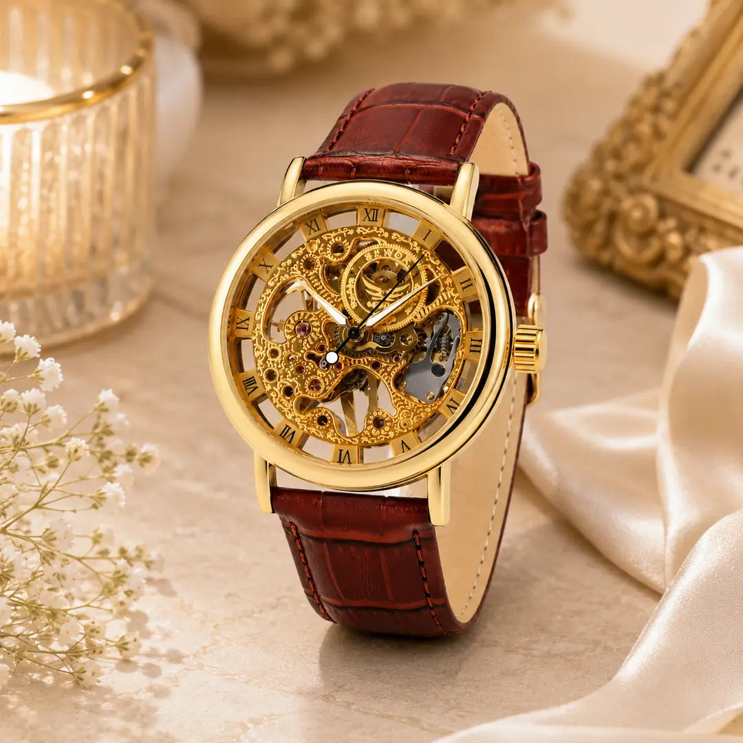 Luxury Gold Skeleton Dial Men's Watch with Brown Leather Strap – Stylish Analog Wrist Watch