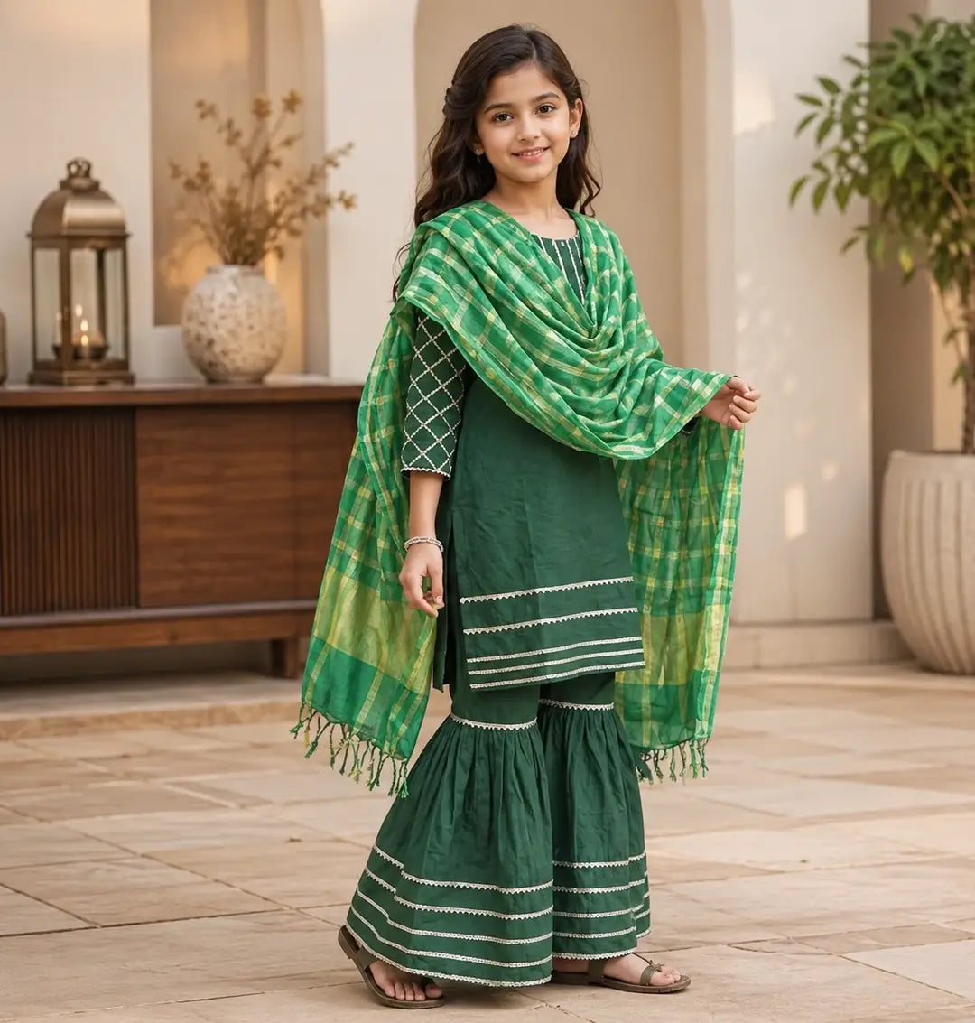3 Pcs Girl's Lawn Embroidered Frock And Trouser Set