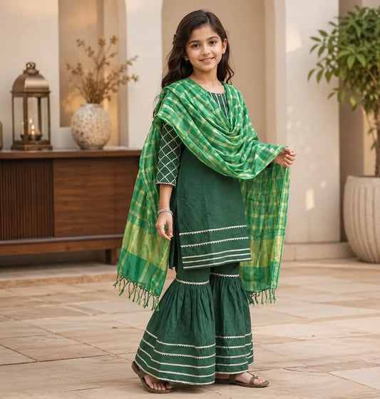 3 Pcs Girl's Lawn Embroidered Frock And Trouser Set