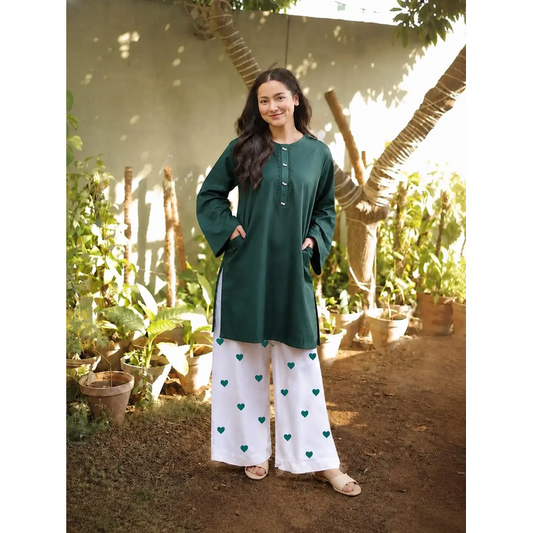 2 Pcs Women's Stitched Linen Plain Shirt And Trouser