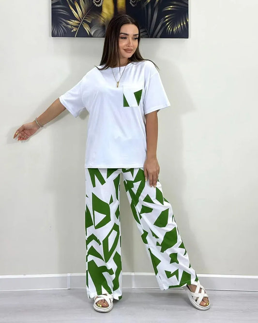 Women’s Green & White Printed Night Suit – Premium Dry Fit Polyester | M–XL