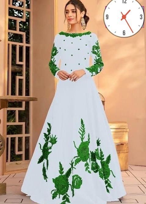 White Silk Maxi Suit with Green Floral Embroidery for Eid & Weddings