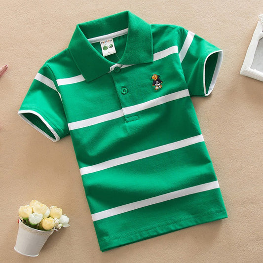 Boys’ Green Striped Cotton Polo Shirt – Premium Summer Casual Wear