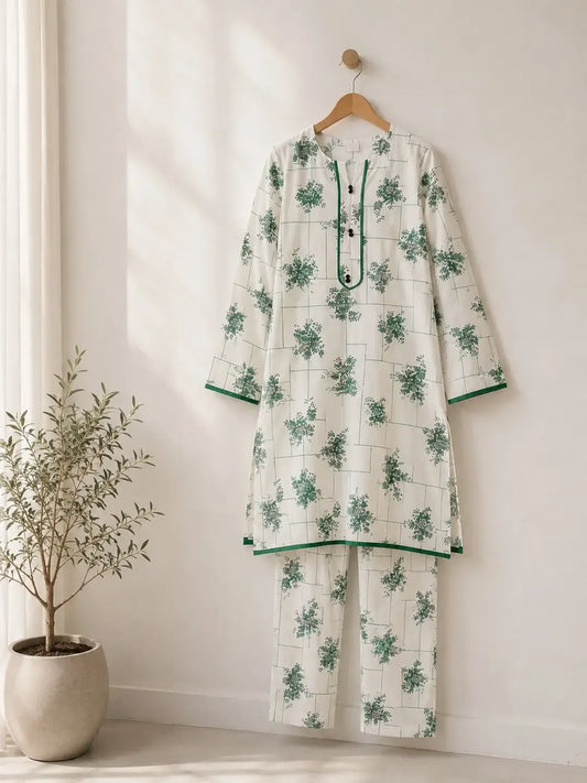 2 Pcs Women's Stitched Cotton Lawn Printed Shirt & Trouser Set Casual Summer Suit