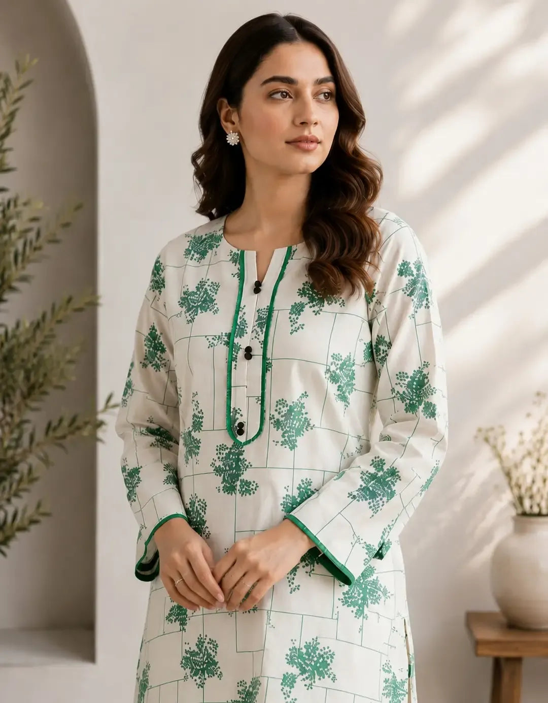 2 Pcs Women's Stitched Cotton Lawn Printed Shirt & Trouser Set Casual Summer Suit
