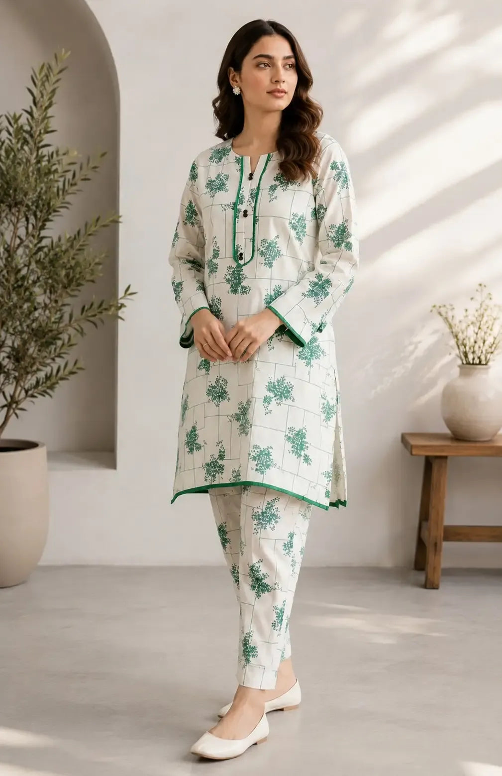 2 Pcs Women's Stitched Cotton Lawn Printed Shirt & Trouser Set Casual Summer Suit