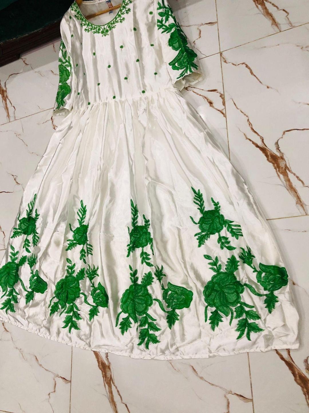 White Silk Maxi Suit with Green Floral Embroidery for Eid & Weddings